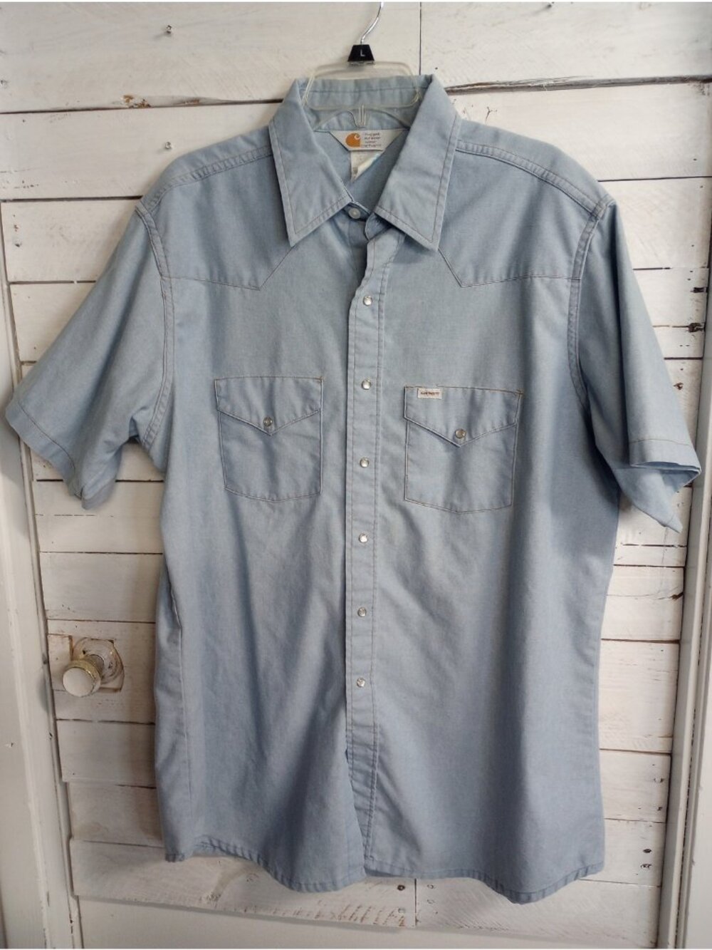 Vintage Carhartt Men's Blue Chambray Pearl Snap Shirt 2XL Rugged Outdoor Wear